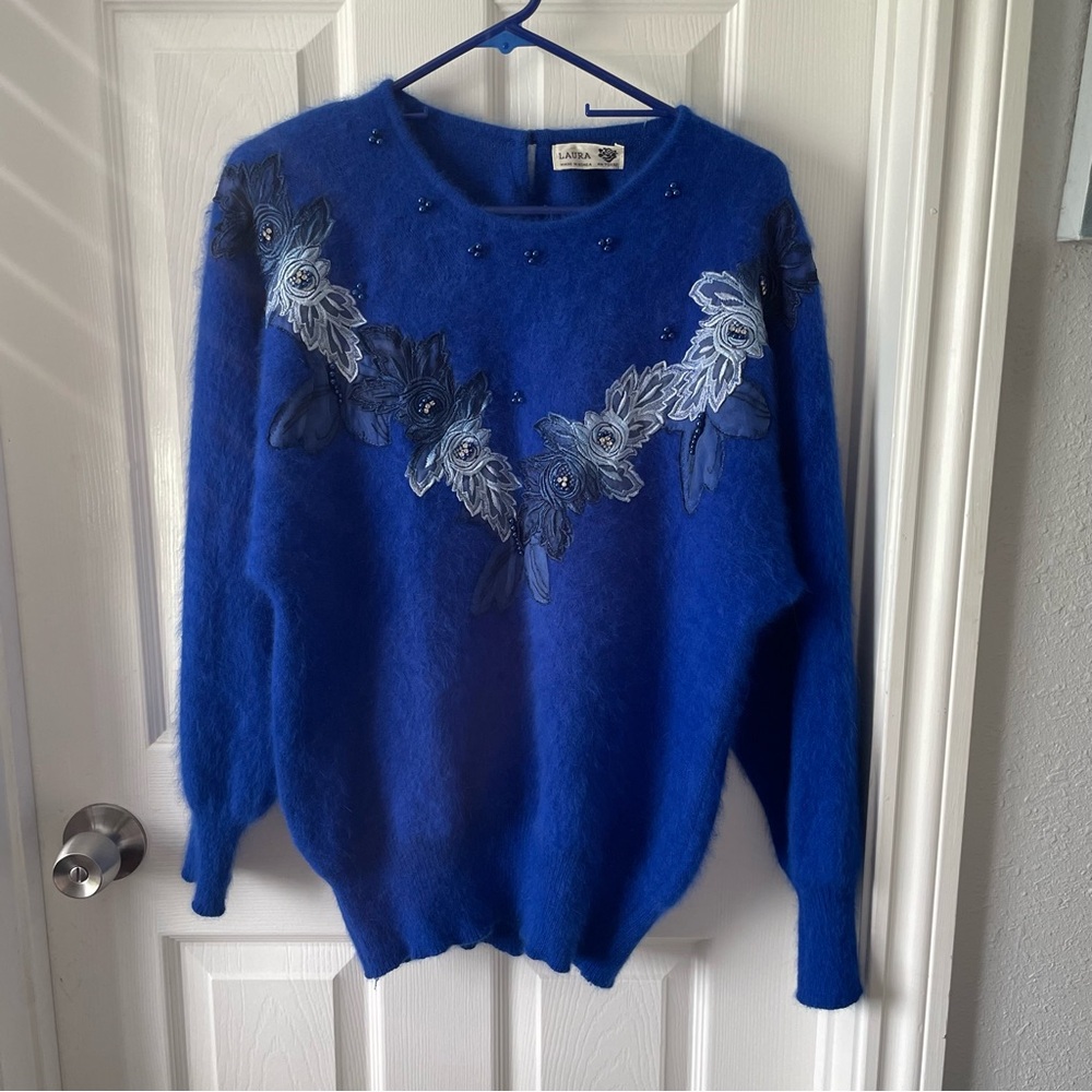 Aura Blue Sweater with Floral Design